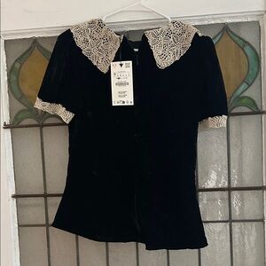 Zara Black Velvet Top with Cream Crochet Collar